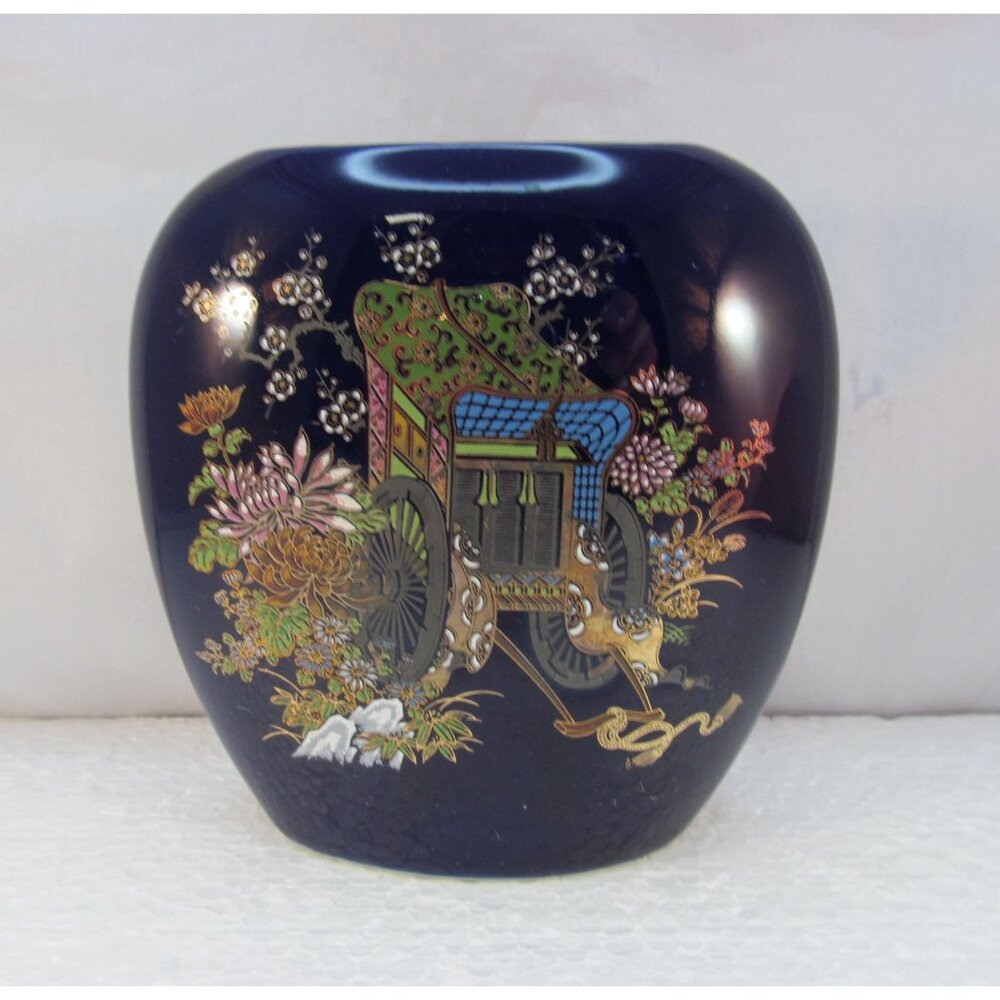 Vintage Cobalt Blue Enameled Handpainted Floral Bud Vase Made in Japan 4.25 Inch